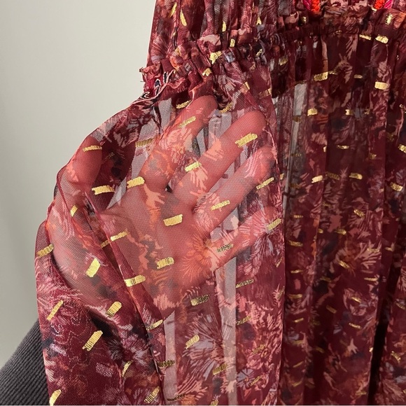 Free People Ria Wine Red & Gold Sleeveless Sheer Embroidered Maxi Top Size XS - Picture 9 of 16